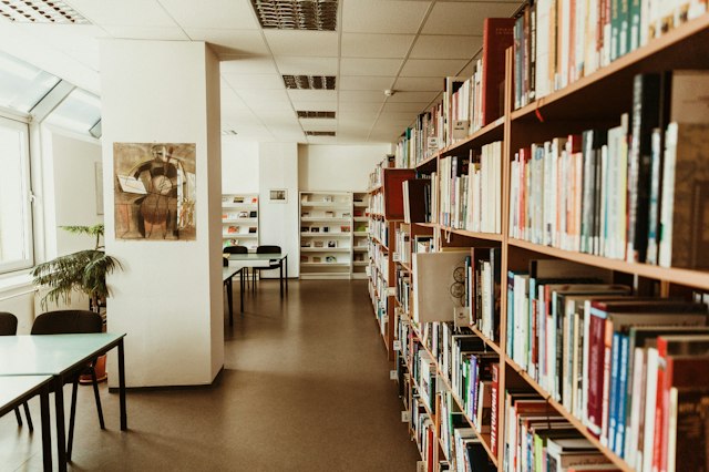 Une bibliothèque et ses espaces de lecture et d’apprentissage.
